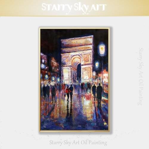 Artist Hand-painted High Quality Abstract Paris Landscape Arc de Triomphe Oil Painting Beautiful Paris Street Night Oil Painting