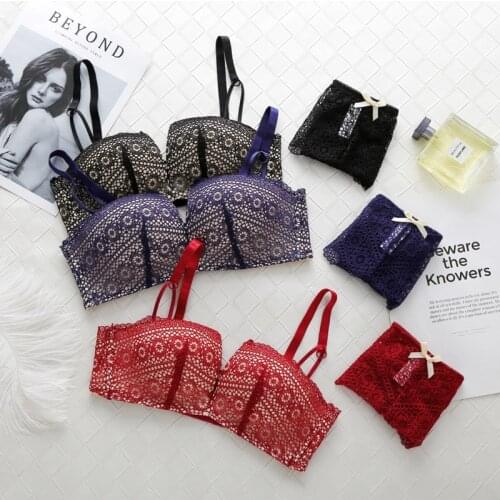 Wireless Floral Lace Bra Set Push Up Lingerie Sets Female Removable Straps 3/4 Cup Bras + Briefs Sets for Women 70B 75B 80B 85B