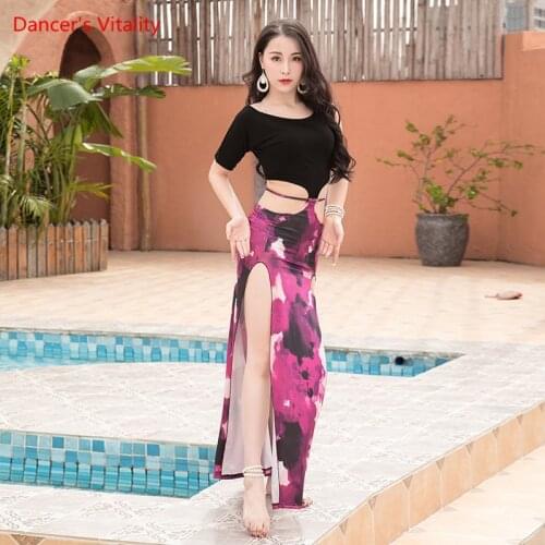 Belly Dance Suit Round Neck Top Split Long Skirt Performance Clothes Set Female Elegant Profession Competition Clothing