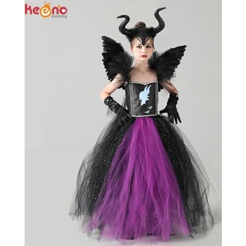 Maleficent Malificent Sorceress Evil Queen Girls Fancy Tutu Dress Sparkly Kids Dark Fairy Witch Gown Dress Halloween Costume