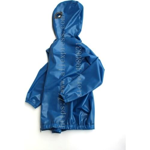 Mens hoodie latex coat with latex hoods Fetish latex top long sleeve in solid blue color