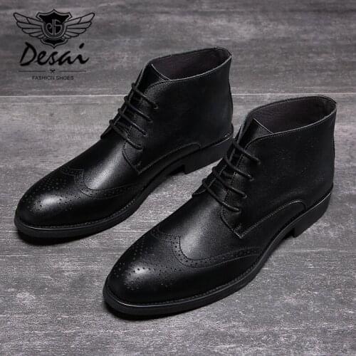 DESAI New Mens PU Leather Ankle Oxford Boots British Style Male Casual Lace Up Derby Shoes Retro Carved Flower Brogue Shoes