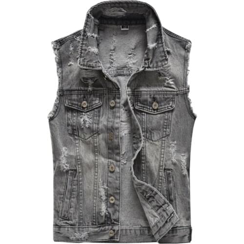 Mens gray holes ripped jean vest Slim sleeveless fringe denim tank top Fashion waistcoat