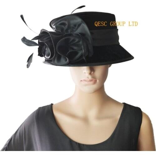 Wholesale Elegant NEW Velvet Hat Satin Hats Kentucky Derby wedding womens hat panama with feathers.Brim width 7cm.FREE SHIPPING
