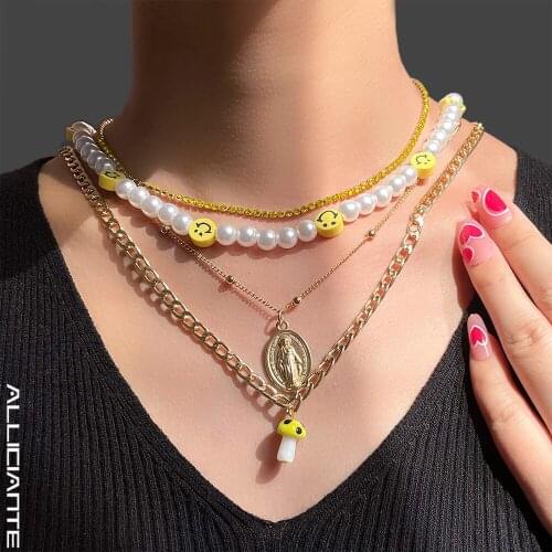 4 Pieces Smiley Yellow Mushroom Portrait Coin Pendant Beaded Necklace For Women Baroque Pearl Necklaces Summer Party Jewelry New