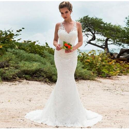 Fabulous Lace V-neck Neckline Mermaid Wedding Dress Open Back Beach Bridal Dress vestidos de novia baratos con envio gratis