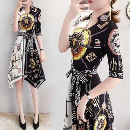 Chinese Style Summer Slim Collect Waist Chiffon Printing Dress Retro Elegant Office Lady Irregular Peplum Half Sleeve Dress