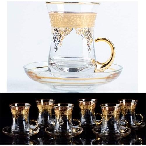 Turkish Tea Glasses Cups Set of 6 and Saucers with Handle Arabic Decors for Serving and Drinking Housewarming Gift 3.45 oz (100