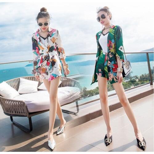 Spring Fashion Women Print Blazer Suits Female Three Quarter Sleeve Lace-up Blazers + Shorts 2 Piece Sets Womens Outfits Y403