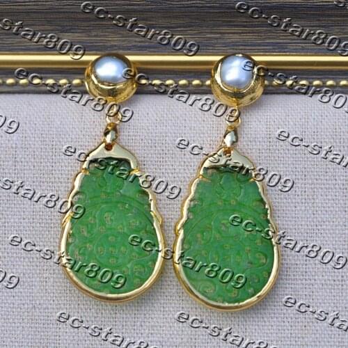 Z11445 35mm Green Through-carved Work Jade Plate Pearl Dangle Earring