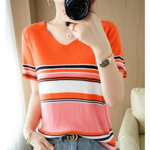 Women T-shirt Pure Cotton Knitted Sweater Short Sleeve Casual V-neck Striped Knitwear Oversized Pullover Ladies Top tees hot