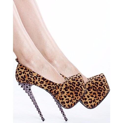 Womens Pumps High Heels Rivet Leopard Party Sandals Sheepskin Genuine Leather Pumps Thin Heels Sandalias Mujer Platform Shoes