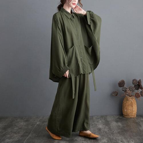 2021 Green Plus Size 2 Piece Set Summer Casual Office Lady Tops Shirts + High Waist Wide Leg Pants Women Suit Female 5XL 6XL 7XL