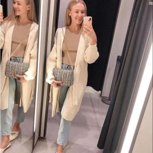 XIKOM 2021 Autumn Women Cream V Neck Belt Casual Knitted Cardigan Female Vintage Lantern Sleeve Loose Lady Knitted Sweater Coat