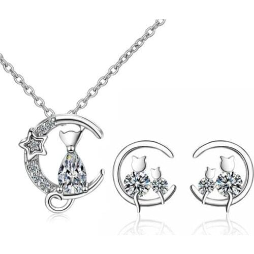 Moon Cat Earrings Necklaces For women 925 Sterling Silver Cubic Zirconia Fashion Elegant Party Gift Fine Jewellery Set