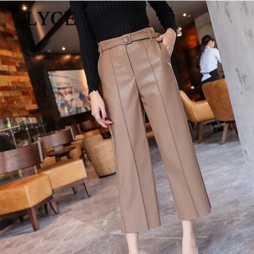 Winter Womens PU Leather Pants With Belt High Waisted Wide Leg Anke-length Trousers Female 2021 Autumn NEW Lady Fashion Clothes