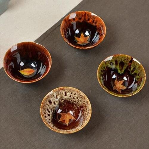 4pcs/set Tianmu Glaze Teacup Porcelain Kungfu Tea Set Bucket Cup Maple Leaf Pattern Tea Bowl Drinkware Chinese Crafts