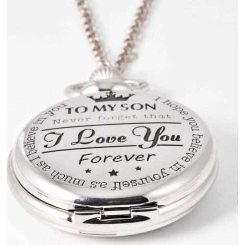 50pcs/lot To My Son I love you Silver Quartz Pocket Watches with Chain Roman Dial Fashion Pendant Men Women Gift Watch