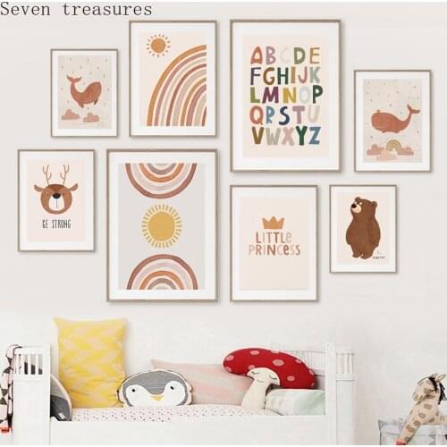 Abstract Lion Whales Sun Rainbow Boho letter Nursery Posters And Prints Wall Art Canvas Wall Pictures Baby Kids Room Painting