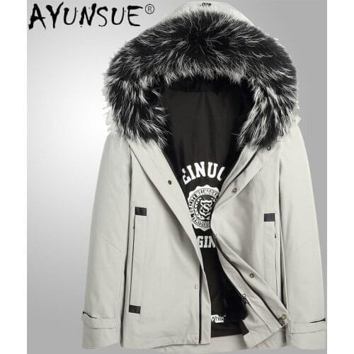 AYUNSUE 2021 Winter Real Rabbit Fur Collar Parka for Men Hooded Warm Thick Parka with Fur Mens Clothing Casaco Masculino Gmm42