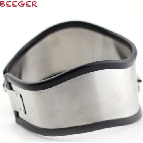 BEEGER Unisex Bondage Rubber Lined Stainless Steel Locking Posture Collar, Neck Restraint Harness Fetish Punk Costume