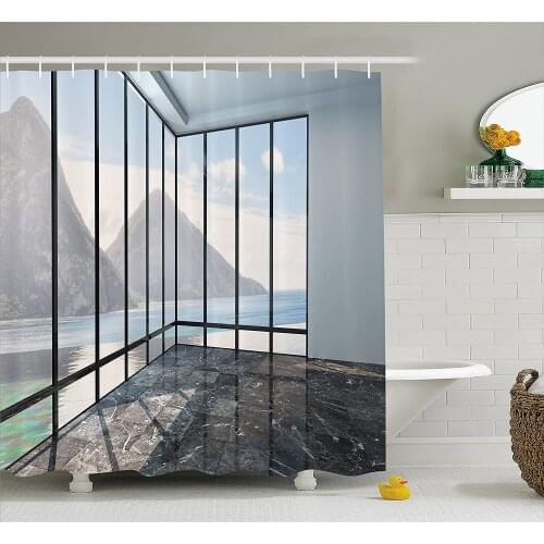White Decor Shower Curtain Mountain Ocean Sea Clouds Scenery from Glass Window Photo Bathroom Waterproof Curtains