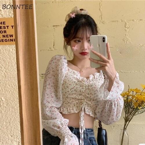 Blouses Women Floral Shirring Slim Crop Top Summer New Design Navel Thin All-match Elasticity 3 Colors Blusas Mujer Fashion Soft