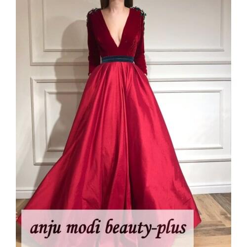 Burgundy Long Sleeve Satin Velvet Evening Dresses 2021 A Line Deep V Neck Long Formal Party Gowns with Sleeves