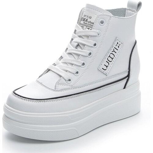 Koznoy 7cm Split Leather Super Thick Sole Platform Heel High Top Shoes Boots Chunky Sneakers Ankle Boots Spring Autumn