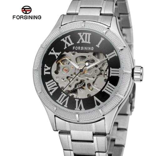 Forsining Mens Watch Automatic Roman Numbers Skeleton Stainless Steel Whole Sale Dress Wristwatch Color Black FSG8085M4