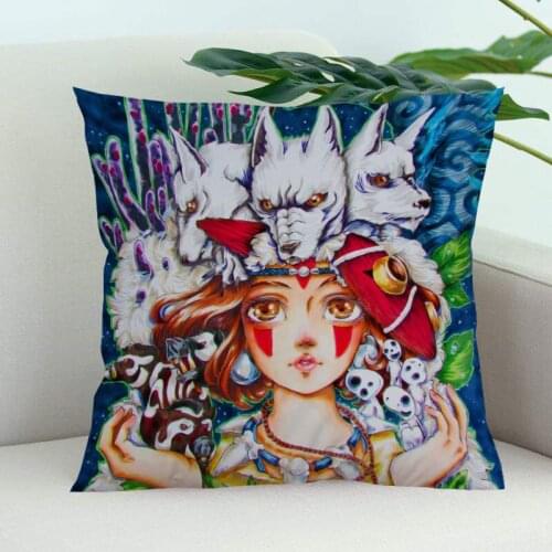 PRINCESS MONONOKE Pillow Cover Bedroom Home Office Decorative Pillowcase Square Zipper Pillow Cases Satin Soft
