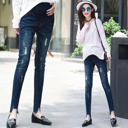 Pregnant women jeans 2019 spring thin section wear fashion hole slim self-cultivation trousers summer pregnancy