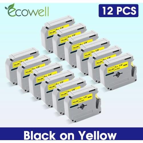 Ecowell 5 /12Pcs MK621 MK-621 Tapes For Brother MK 621 M-K621 Label tapes 9mm Black on Yellow for P-Touch PT-65 PT-70 PT-80