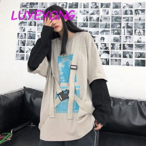 Autumn Long Sleeve Print Gothic Top Women Fake Two Pieces Buckle Strap Patch T-shirt Harajuku Girl Black Beige Street T Shirt