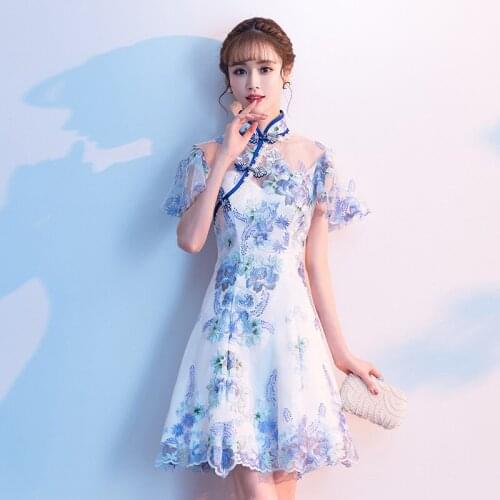 Blue Lace Chinese Style Party Dress Women Sweet Exquisite Embroidery Elegant Wedding Gown Vintage Cheongsam Qipao Oversize 4xl