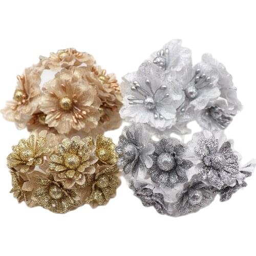 6pcs artificial flowers Gold silver gauze roses bouquet wedding shoes headdress DIY home decoration bridal wreath collage