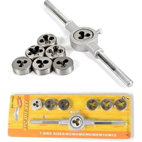 JUSTINLAU 8pcs Circular Die Set M3 M4 M5 M6 M8 M10 M12 with 1 Wrench Hss Tap Die