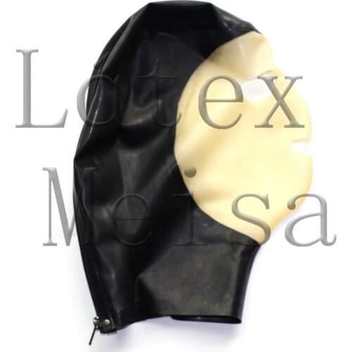 Handmade Fetish hoods with 100% natural latex materials open eyes and mouth in transparent and black color