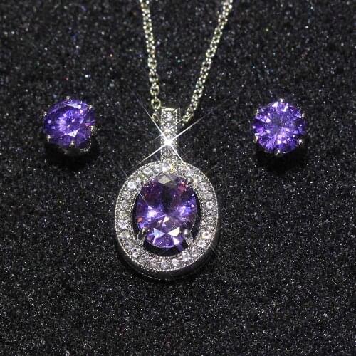 Purple Cubic Zirconia Earrings Necklace Set Women Earrings Necklace Set Banquet Couple Jewelry Set Give Girl Birthday Present