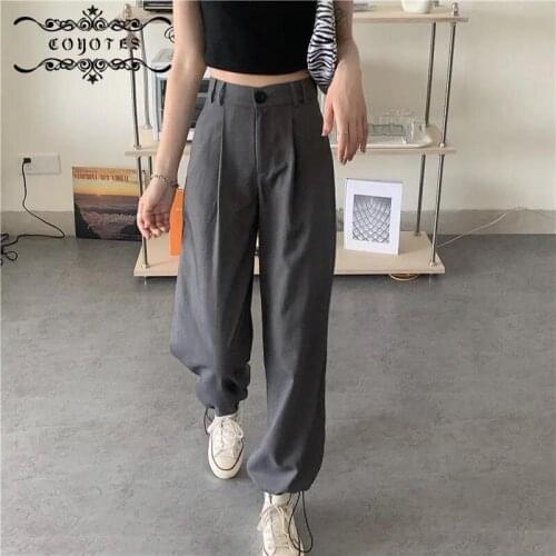 COYOTES Womens Pant Solid Loose Slim High Waist Harem Pants Women Ankle-length Button Fly BF Trousers Pleated Leisure Simple