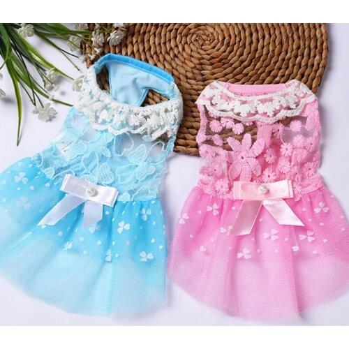 Pet Dog Cool Summer Wedding Clothes Lace Bowknot Hollowing Out Solid Polyester Dresses For Small Dogs Cats DC7105