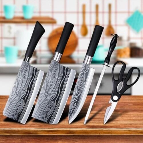 Damascus steel knife kitchen five-piece all-steel knife set household chopper cleaver slicing knife scissors