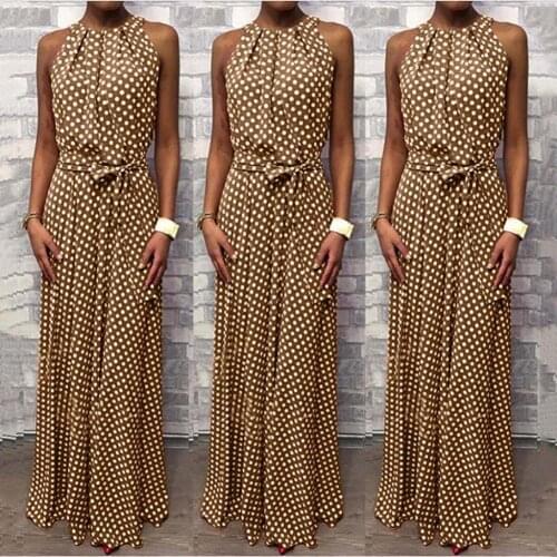 Hot Sales Fashion Women Sleeveless Polka Dot Print Belt Halter Party Banquet Maxi Dress