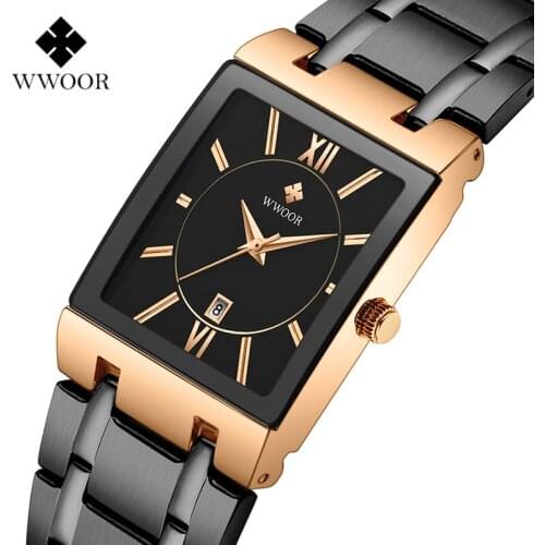 2019 Top Brand WWOOR Luxury Fashion Rectangle Dial All Steel Strap Waterproof Quartz Watches Men Sports Watch Relogio Masculino