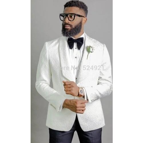 Custom Made Men Suits Ivory Pattern and Black Groom Tuxedos Shawl Lapel Groomsmen Wedding Best Man ( Jacket+Pants+Tie ) C751