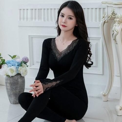 2020 New Autumn Lace Thermal Underwear For Women Elegant V-Neck Slim Sexy Lingerie Set Female Second Skin Winter Clothes Pajamas