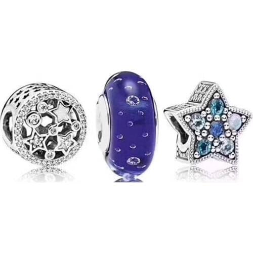 NEW 100% 925 Sterling Silver Stars Winter Snowflake Charm Beaded Bubbles Glass Bead Set Noble Eternal Charming Luxury Gift