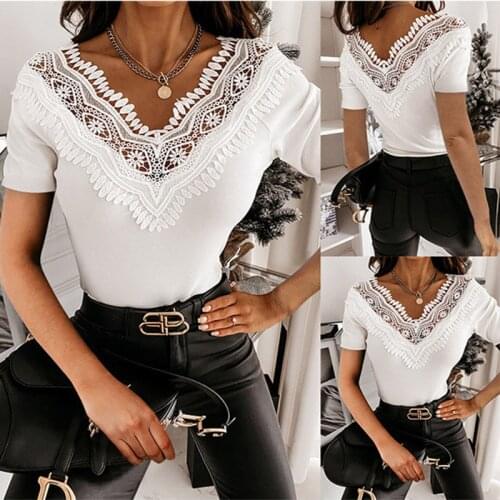 Sexy Lace Women Summer T-Shirts Solid Color Hollow Out Design See Through V-Neck Short Sleeve Slim Street Tops Female Plus Size