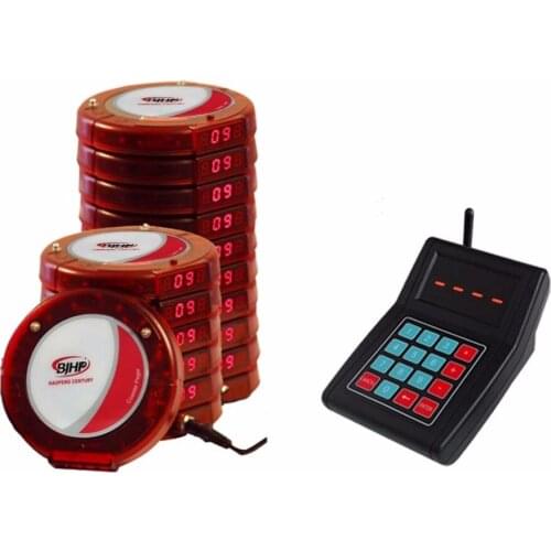 BJHP Restaurant paging wireless queue number calling system keypad transmitter*1+charger base*2+coaster pager*15