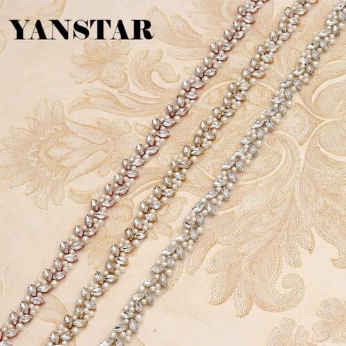 YANSTAR Bridal Pearls Wedding Dress Belts Rhinestones Appliques Trim By The 1 Yard *2cm For Bridal Sash Gold Crystal YS879